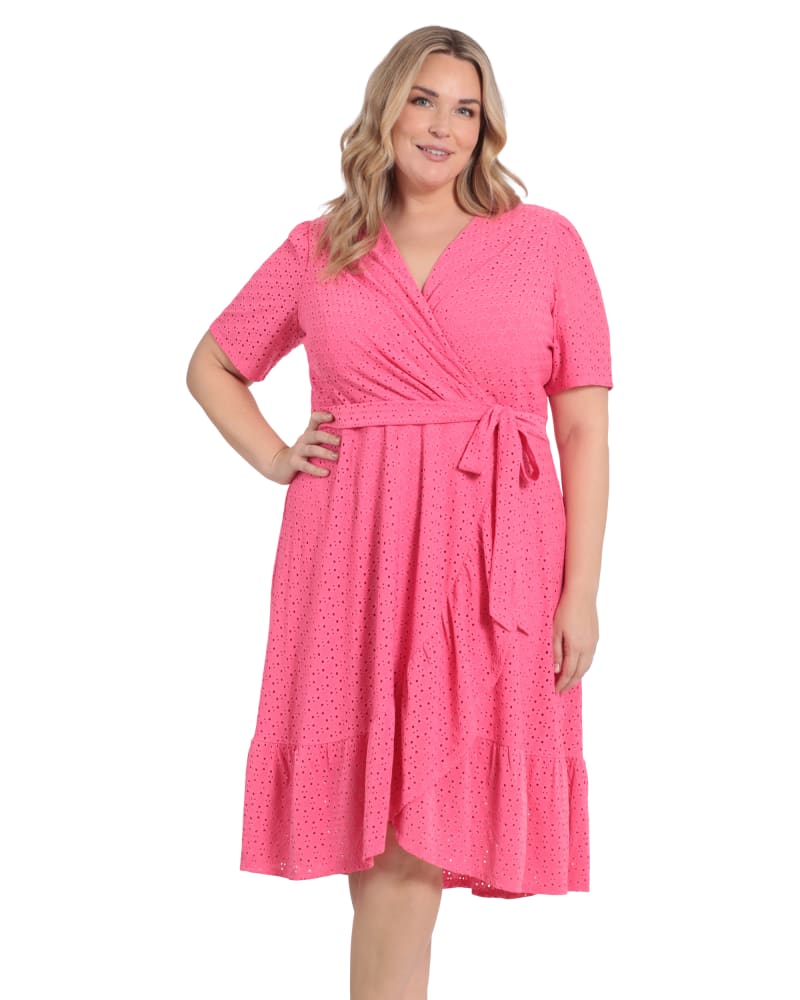 Front of a model wearing a size 16W Diamond dot embroidered ruffle wrap dress in Hot Pink by London Times. | dia_product_style_image_id:268526